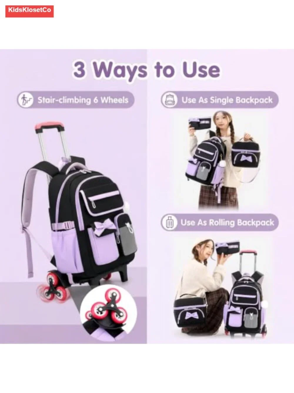 Rolling Backpack for Girls 6 Wheels with Furry Pendant Color-Block Nylon